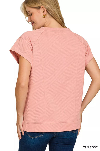 Zenana textured knit top in tan rose with short sleeves and a relaxed fit