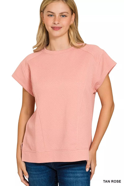 Zenana textured knit top in tan rose color with short sleeves and relaxed fit